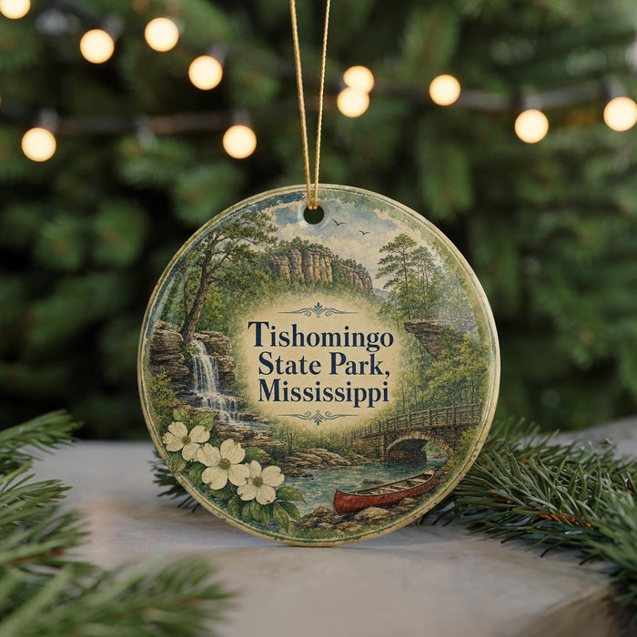 A circular ornament with a scenic landscape of Tishomingo State Park, Mississippi, featuring a waterfall, bridge, and boat.