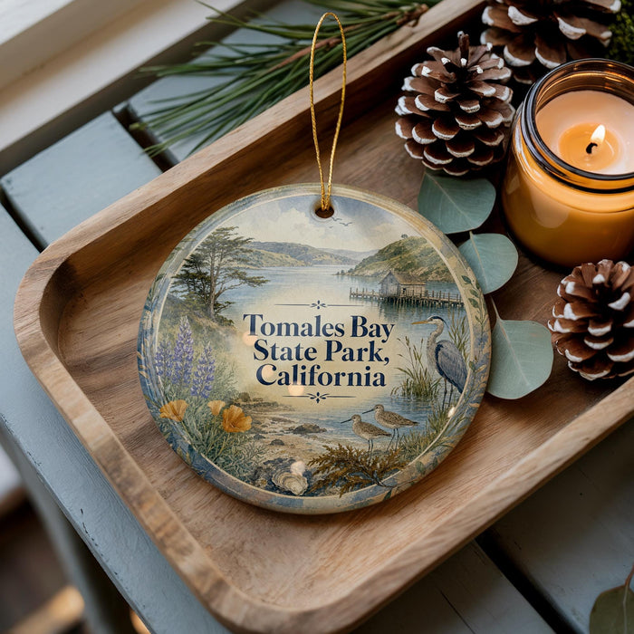 A decorative ornament featuring a scenic image of Tomales Bay State Park, California, with pine cones and a lit candle on a wooden tray.