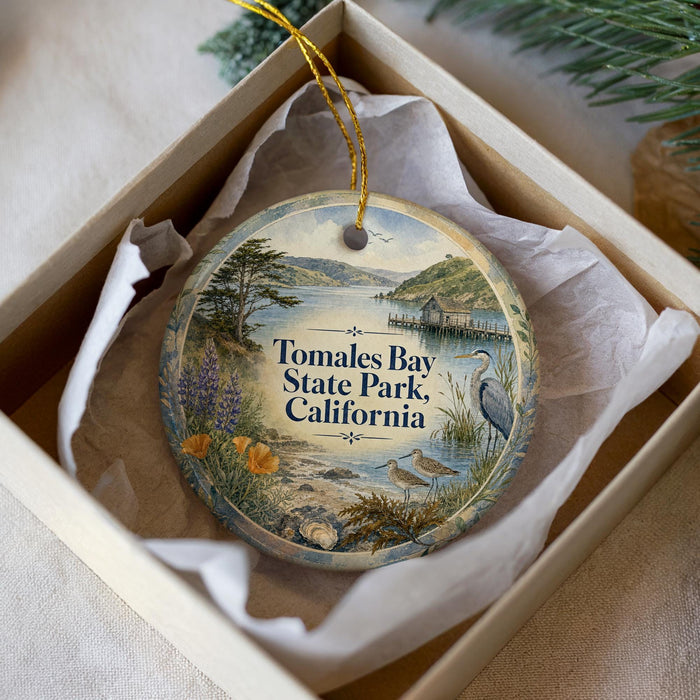 A decorative ornament in a box, featuring a scenic image of Tomales Bay State Park, California.