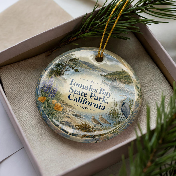 A decorative ornament with a scenic image of Tomales Bay State Park, California, displayed in a box with pine branches.