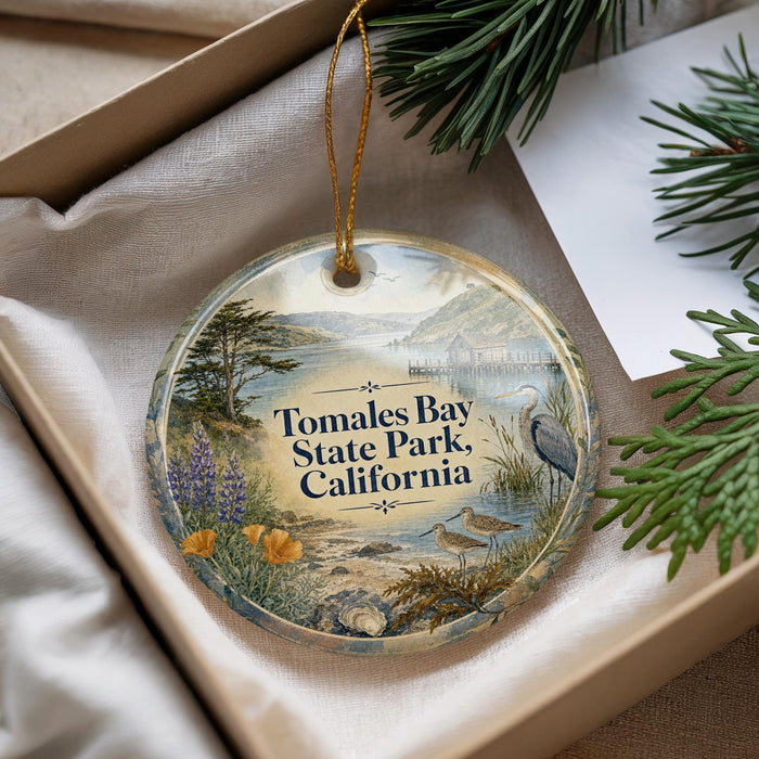 A decorative ornament with a scenic image of Tomales Bay State Park, California, hanging from a string.