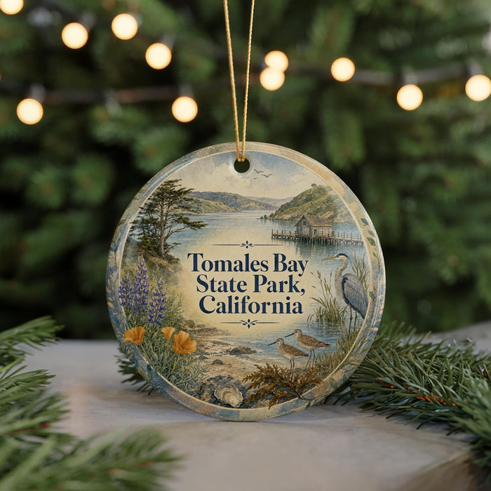 A round ornament with a scenic image of Tomales Bay State Park, California, featuring a lake, trees, and birds.