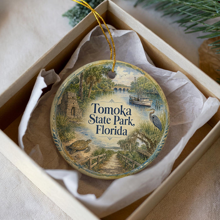 A decorative ornament in a box, featuring a scenic image of Tomoka State Park in Florida.