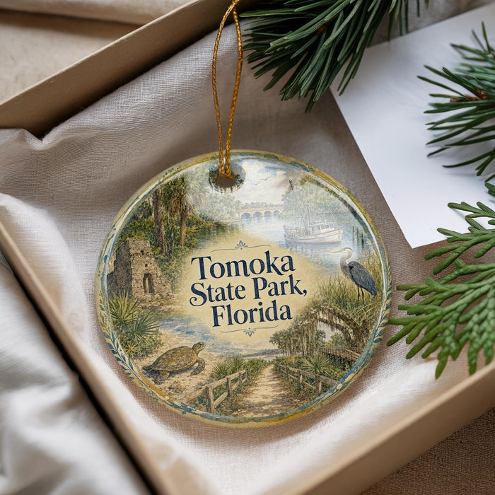 A decorative ornament with the text "Tomoka State Park, Florida" on it, hanging from a string. The ornament is placed inside a box with pine branches and a white card visible in the background.