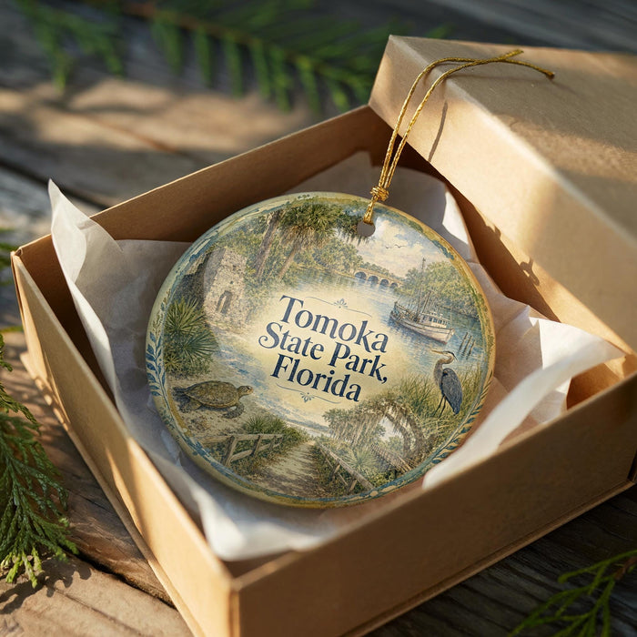 A decorative ornament in a box, featuring a scenic image of Tomoka State Park, Florida.
