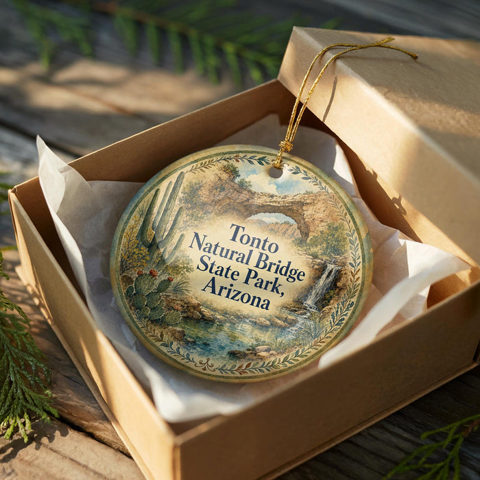 A decorative ornament in a wooden box, featuring a scenic image of the Tonto Natural Bridge in Arizona.