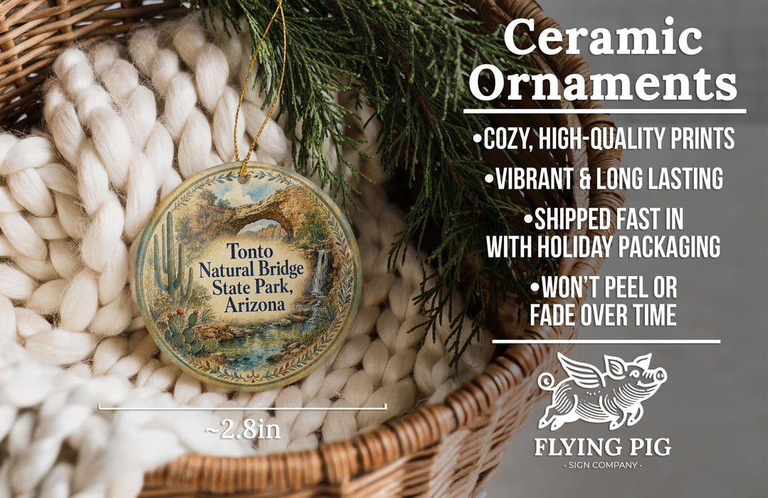 Ceramic ornaments, featuring a detailed image of the Tonto Natural Bridge in Arizona, are displayed in a woven basket.