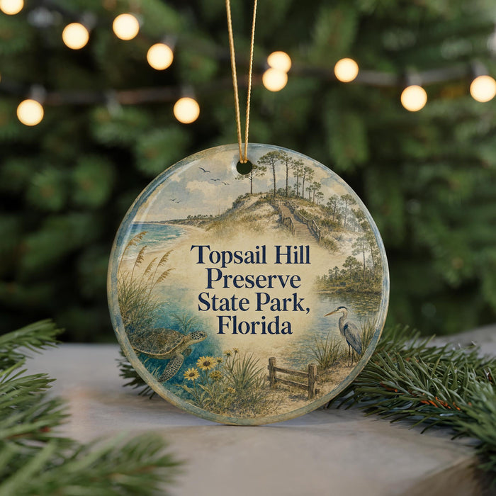 A round ornament with a beach scene and a bird, hanging on a string.