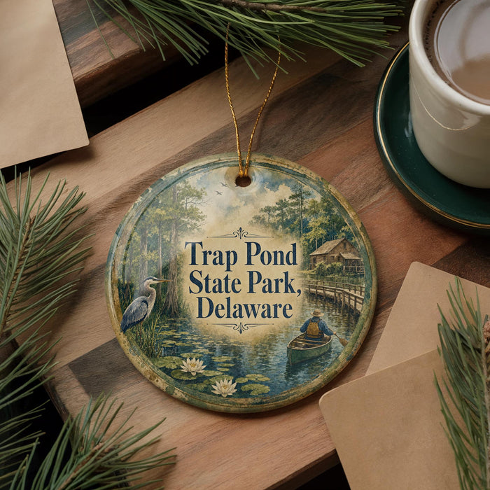 A round ornament with a painting of a bird and a pond, surrounded by pine branches, sits on a wooden surface.
