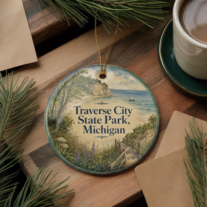 A decorative ornament featuring a scenic image of Traverse City, Michigan, with a wooden walkway leading to a beach and a sailboat in the distance. The ornament is placed on a wooden surface, surrounded by pine branches and a cup of coffee.