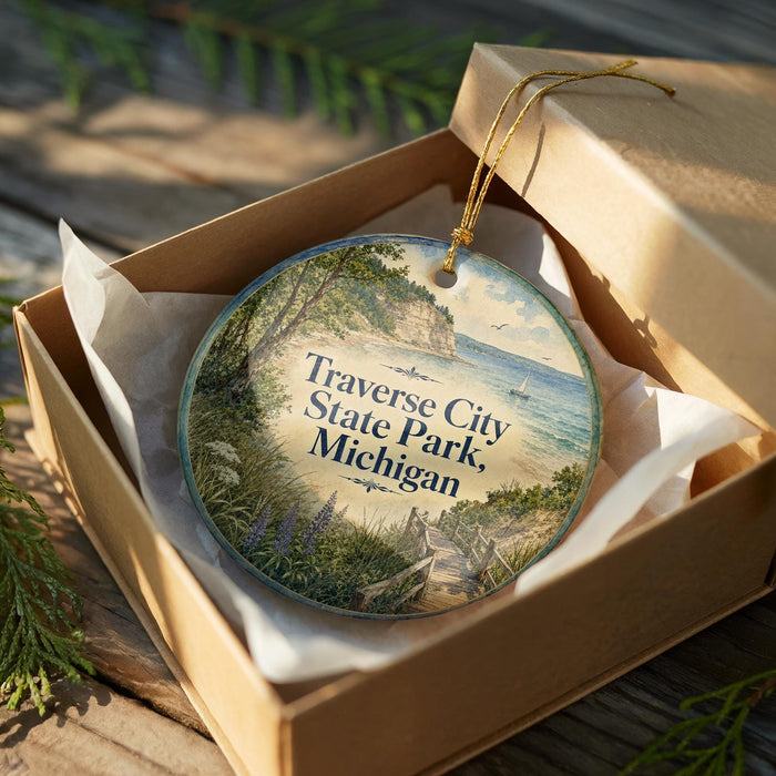 A decorative ornament in a box, featuring a scenic image of Traverse City, Michigan.