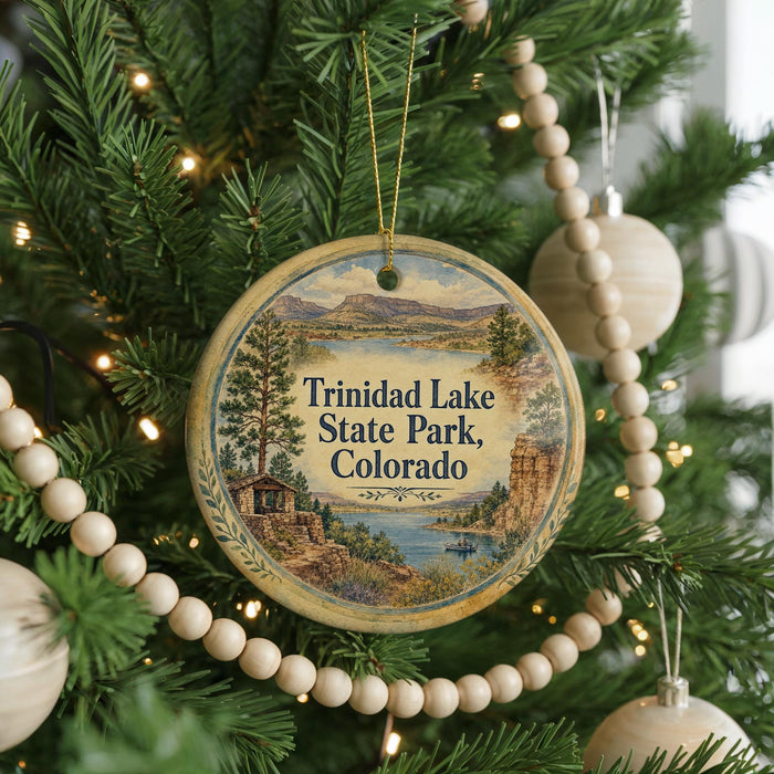 A round ornament hanging on a Christmas tree, featuring a scenic image of Trinidad Lake State Park, Colorado.