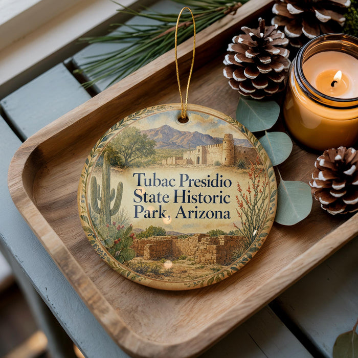 A wooden tray with a decorative ornament featuring a desert landscape and the text "Tubac Presidio State Historic Park, Arizona".