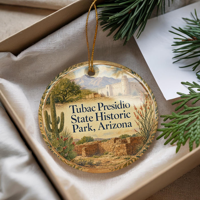 A decorative ornament with a desert landscape and a cactus, featuring the text "Tubac Presidio State Historic Park, Arizona".