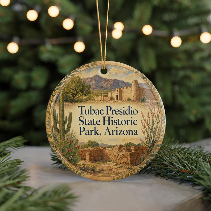A circular ornament with a desert landscape and a cactus, featuring the text "Tubac Presidio State Historic Park, Arizona".