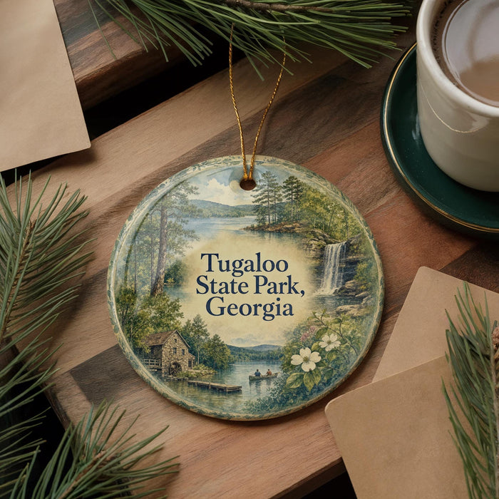 A round ornament with a scenic landscape of Tugalo State Park, Georgia, featuring a waterfall, pine trees, and a cabin.
