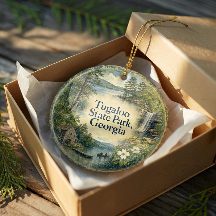 A decorative ornament in a wooden box, featuring a scenic landscape with a waterfall and pine trees, with the text "Tugaloo State Park, Georgia" displayed on the ornament.