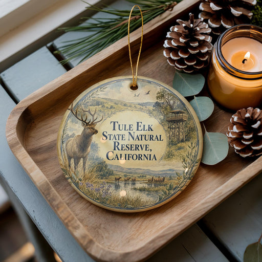 A decorative ornament with a deer and a scenic landscape, placed on a wooden tray next to pine cones and a lit candle.