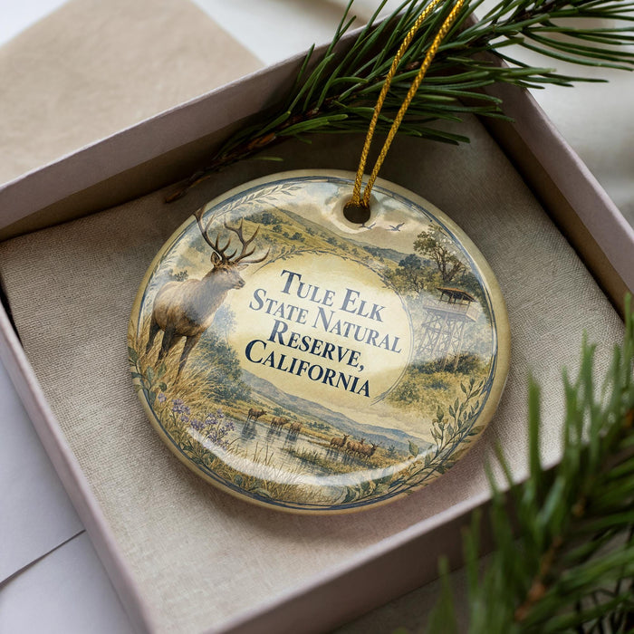 A decorative ornament in a box, featuring a scenic landscape with a deer and text that reads "Tule Elk State Natural Reserve, California".