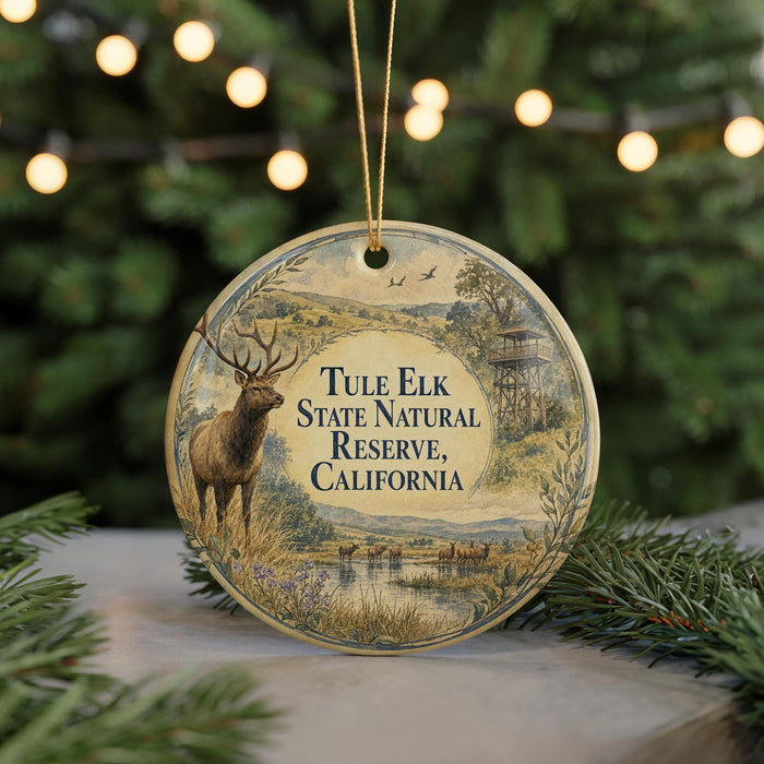 A round ornament with a deer and a scenic landscape, hanging from a string.