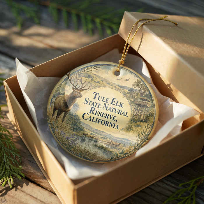 A decorative ornament in a wooden box, featuring an image of a deer and the text "Tule Elk State Natural Reserve, California".