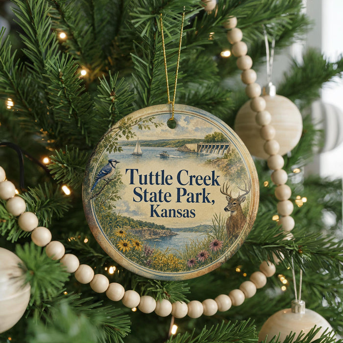 A round ornament hanging on a Christmas tree, featuring a scenic image of a lake, boats, and wildlife.