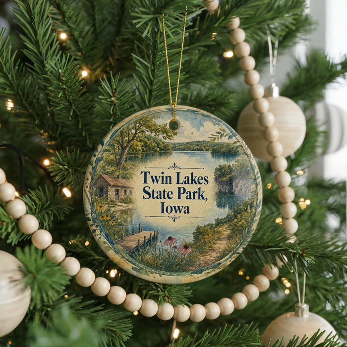 A round ornament hanging on a Christmas tree, featuring a scenic image of Twin Lakes State Park, Iowa.