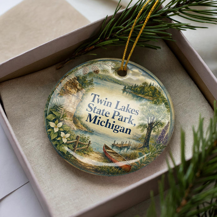 A decorative ornament with a scenic lake and forest landscape, featuring a canoe and a boat, is displayed in a box with pine branches.