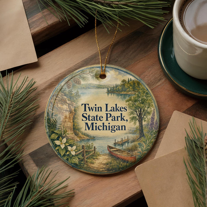 A decorative ornament featuring a scenic lake landscape with a canoe, surrounded by pine trees and a wooden dock, placed on a wooden surface alongside a cup of coffee and some papers.