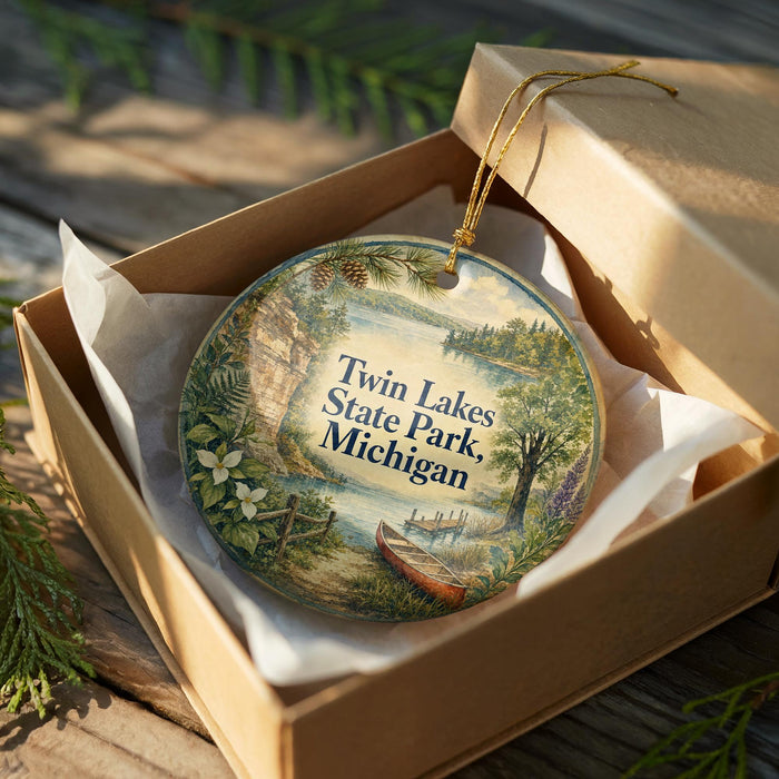 A decorative ornament in a wooden box, featuring a scenic landscape with a lake, pine trees, and a boat, with the text "Twin Lakes State Park, Michigan" displayed on the ornament.