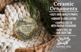 Ceramic ornaments, featuring a round ornament with a scenic landscape of Van Damme State Park, California, hanging from a wicker basket.