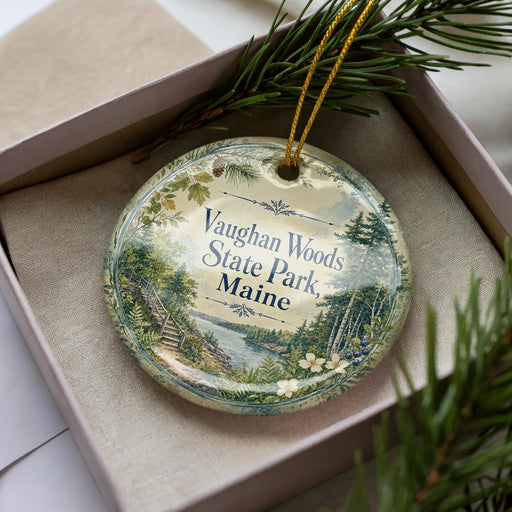 A decorative ornament in a box, featuring a scenic landscape with pine trees and a river.