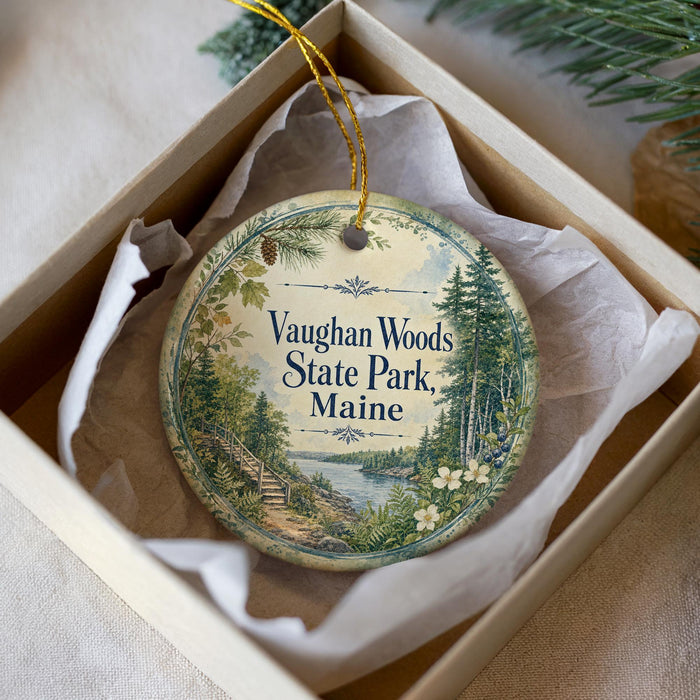 A decorative ornament in a box, featuring a scenic landscape with pine trees, a river, and a staircase.