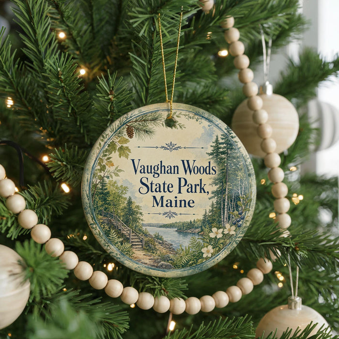 A round ornament hanging on a Christmas tree, featuring a scenic image of a forest and a path leading to a lake.
