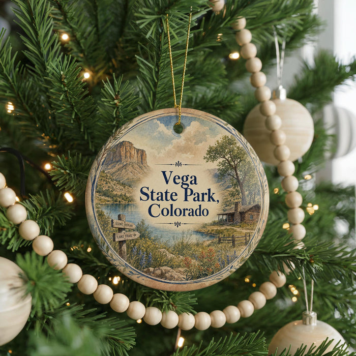A round ornament hanging on a Christmas tree, featuring a scenic landscape of mountains, a lake, and a cabin.