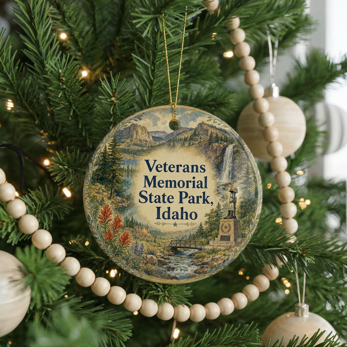 A round ornament hanging on a Christmas tree, featuring a scenic landscape with mountains, a waterfall, and a clock tower.
