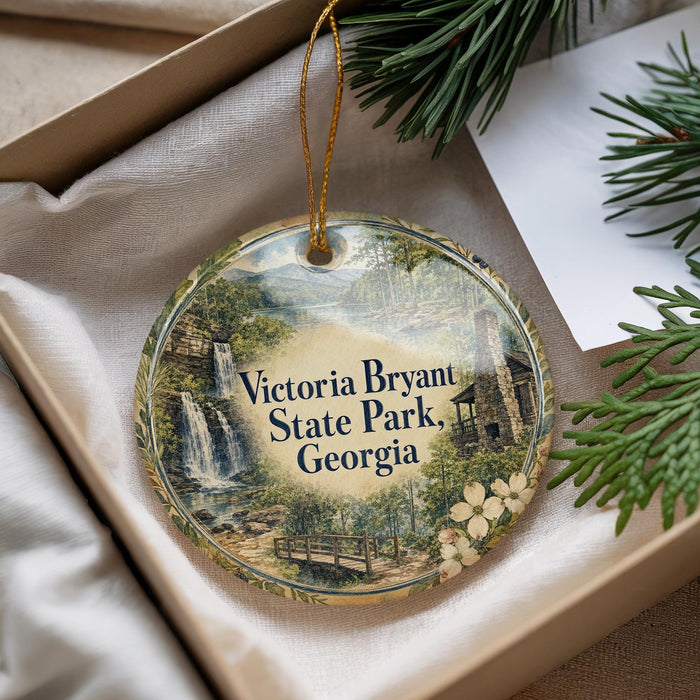 A decorative ornament with a scenic image of Victoria Bryant State Park, Georgia, hanging from a string.