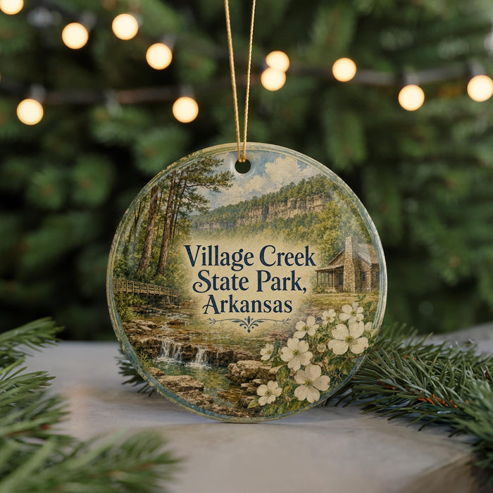 A round ornament with a scenic image of a forest and a stream, featuring the text "Village Creek State Park, Arkansas" on it.