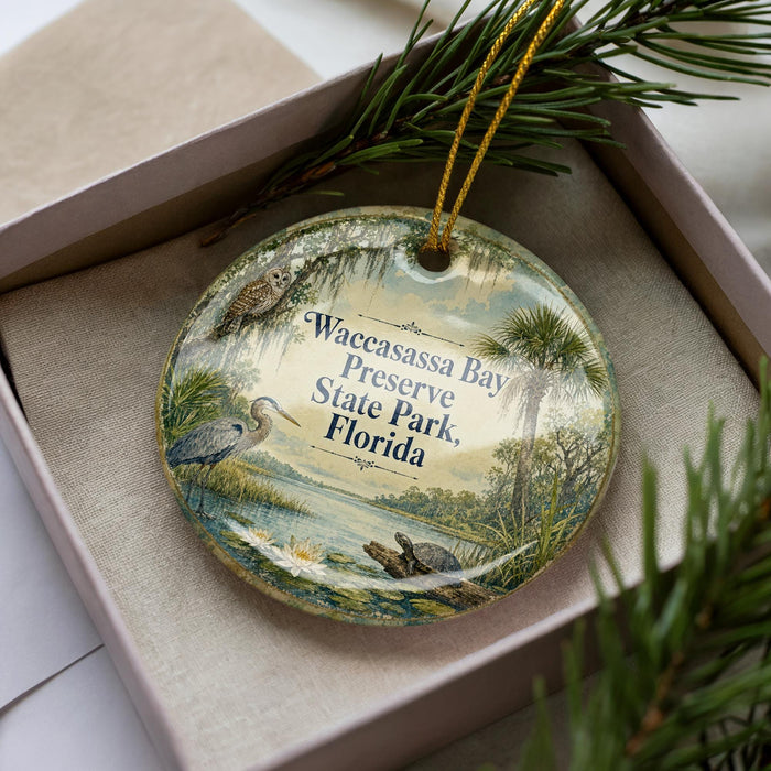 A decorative ornament in a box, featuring illustrations of birds and palm trees, with text that reads "Waccassa Bay Preserve State Park, Florida".