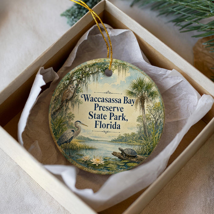 A round ornament with a bird and a turtle, surrounded by greenery, is displayed in a white box.