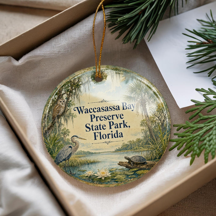 A decorative ornament with a bird and a turtle, surrounded by greenery, is displayed in a box.