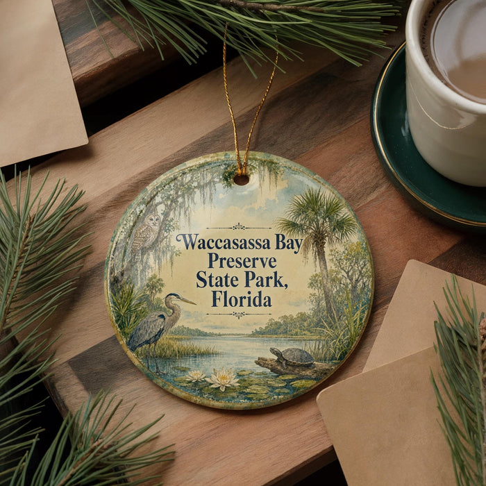 A round ornament with a bird and palm tree design hangs on a wooden surface, surrounded by pine branches and a cup of coffee.