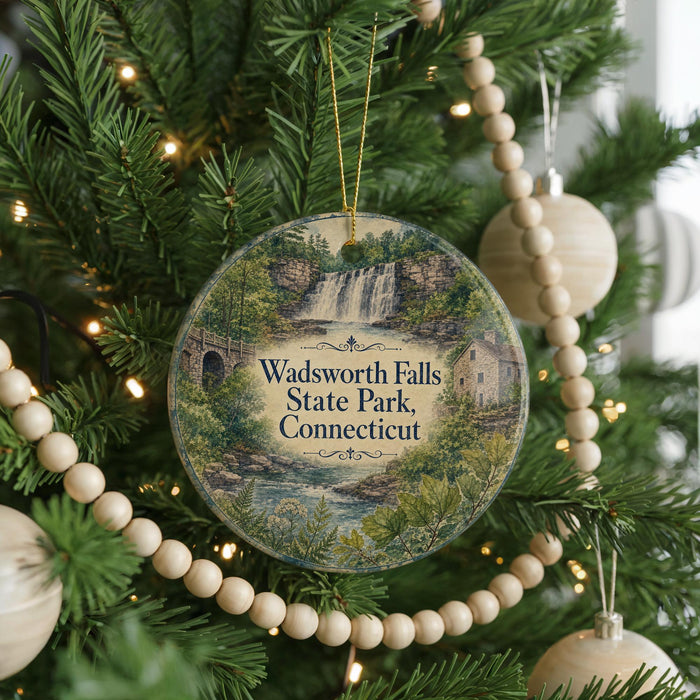 A round ornament hanging on a Christmas tree, featuring a scenic image of Wadsworth Falls State Park in Connecticut.