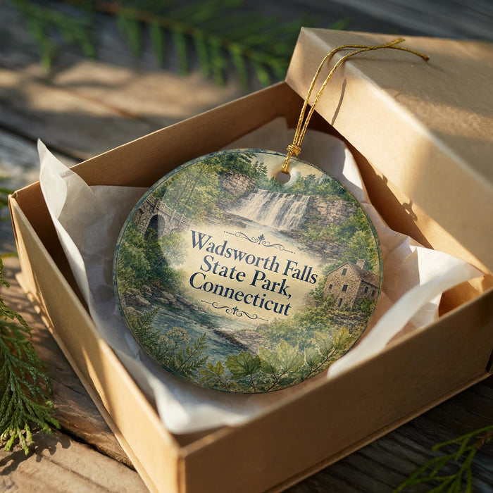 A circular ornament with a scenic image of Wadsworth Falls State Park in Connecticut, placed in a wooden box with a gold string.