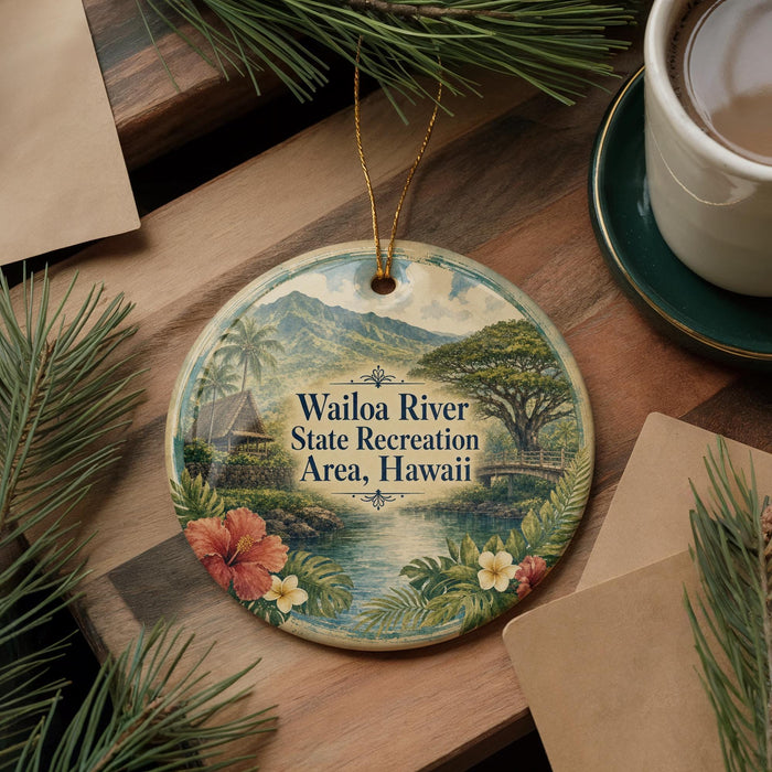 A circular ornament with a tropical landscape design, featuring a river, palm trees, and a bridge, is displayed on a wooden surface alongside a cup of coffee and some papers.