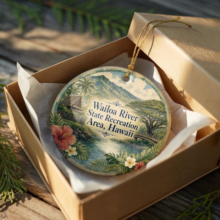 A circular ornament with a tropical landscape design, placed in a cardboard box with a gold string.