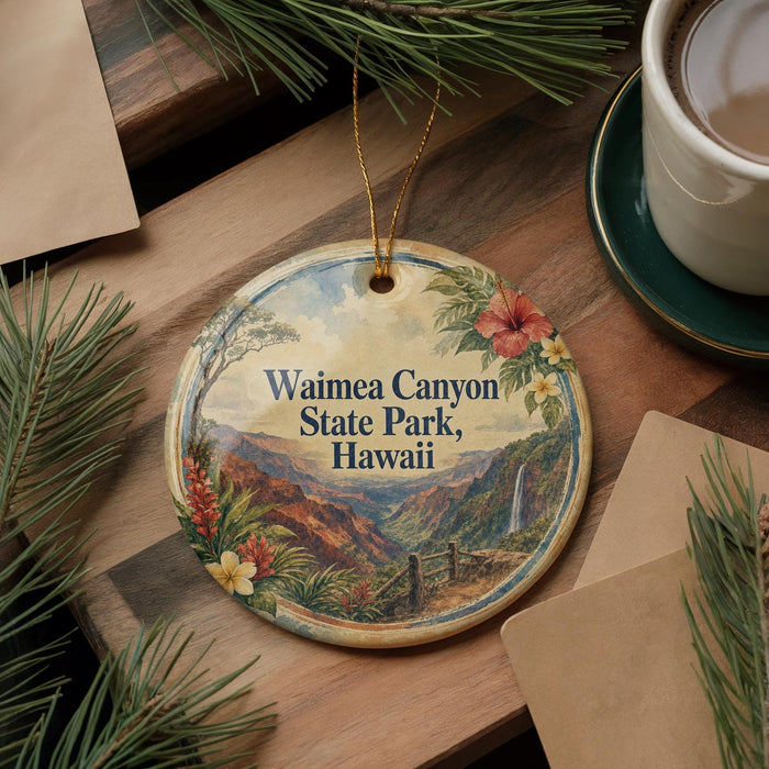 A decorative ornament with a scenic landscape of Waimea Canyon State Park, Hawaii, featuring a waterfall and pine trees.