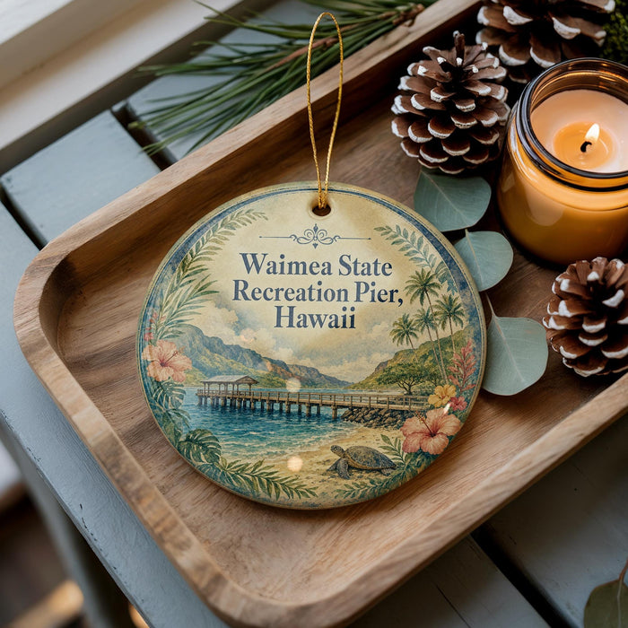 A decorative ornament featuring a tropical beach scene with a pier, palm trees, and a turtle, placed on a wooden tray alongside pine cones and a lit candle.