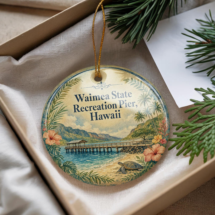 A decorative ornament with a tropical island scene, featuring a pier, palm trees, and a beach, is displayed in a box with pine branches.
