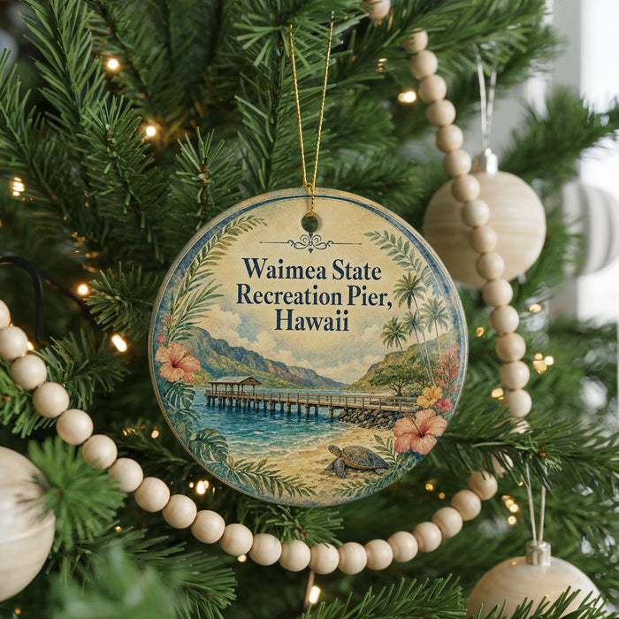 A round ornament hanging on a Christmas tree, featuring a scenic image of Waimea State Recreation Pier, Hawaii.